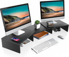 Dual Monitor Stand – 3 Shelf Computer Monitor Riser, Wood Desktop Stand with Adjustable Length and Angle, Desk Accessories, Office Supplies Medium Black,Dt108001Wb