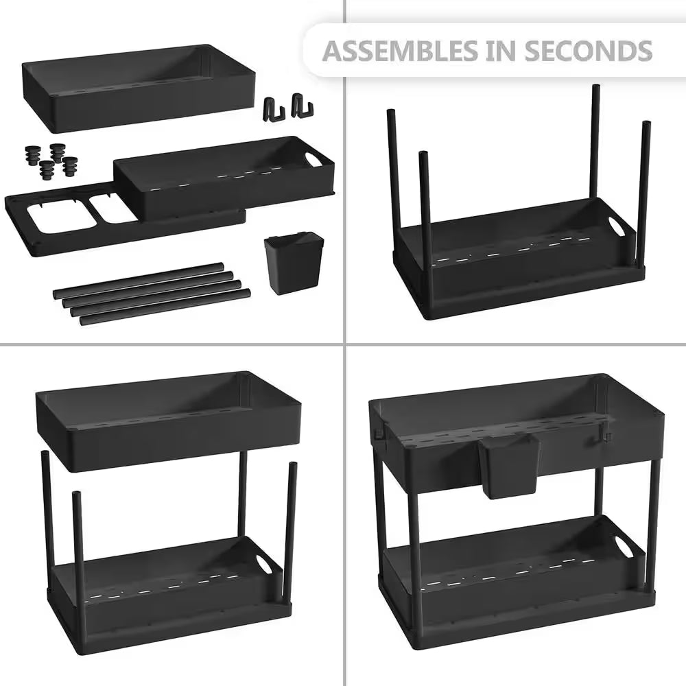 2-Tier Black Sliding under Sink Organizer Storage Cabinet Basket Drawer
